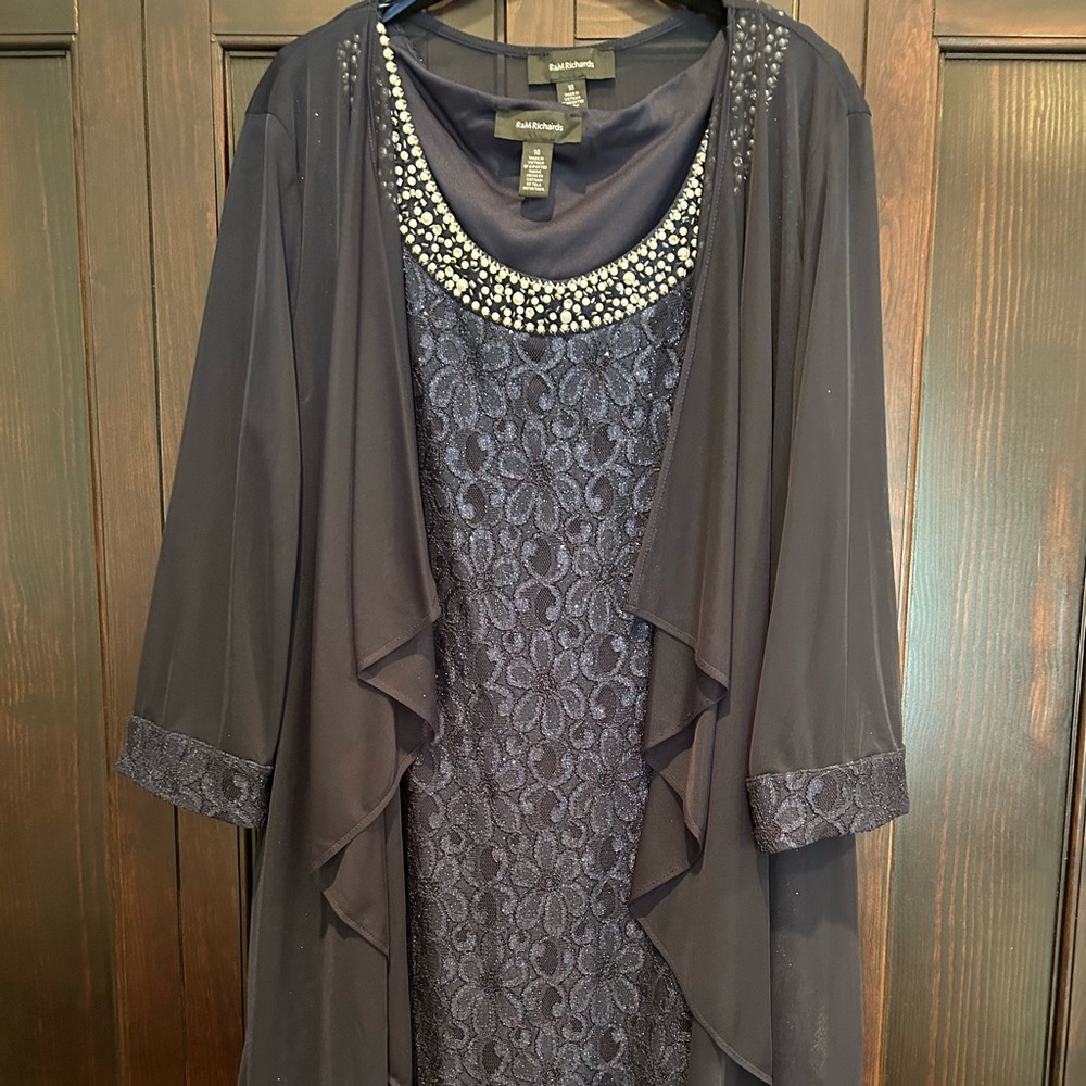 Never worn R&M Richards navy blue dress. For weddings & special occasions.